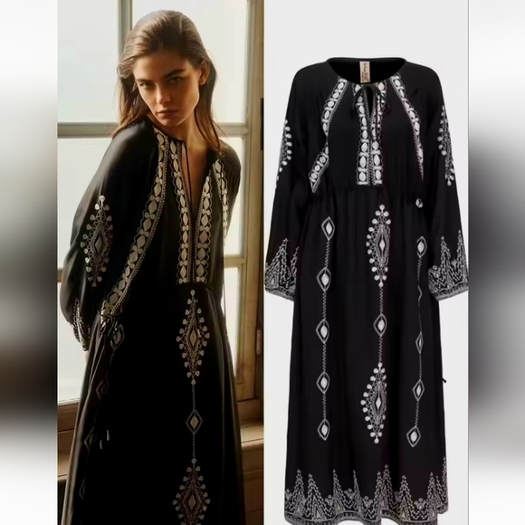 Elegant Black Midi Dress with White Detailing - Picture 1 of 16